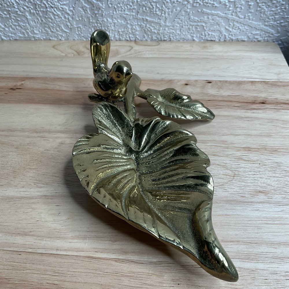 Vintage Gold  Brass Trinket Dish Jewelry Holder Leaf Small Bird Water Bowl - Picture 12 of 15